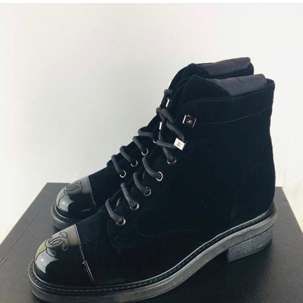 Chanel black velvet booties